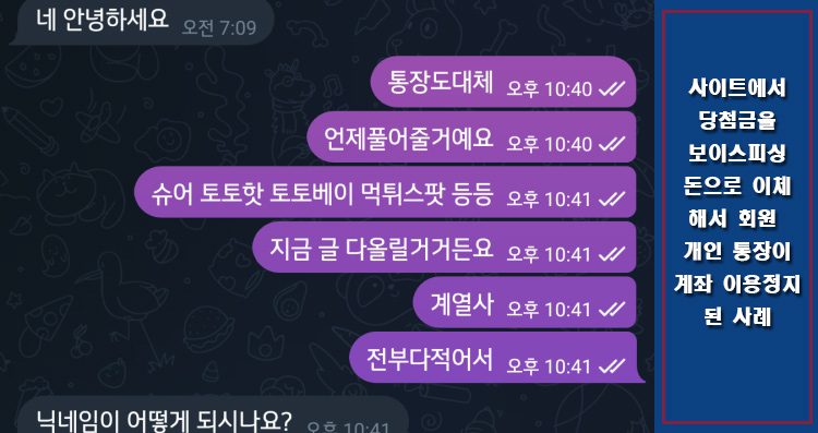 메이저사이트라고 홍보하는 사이트에서 보이스 피싱 돈을 이체해줘서 이용 정지가 된 사례